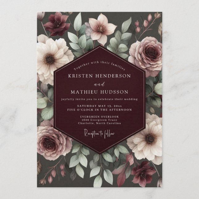 Burgundy Brocade Floral Wedding Invitation (Front)