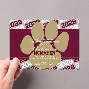 Burgundy & Bronze Gold Pawprint Graduation Frosted Acrylic Invitations