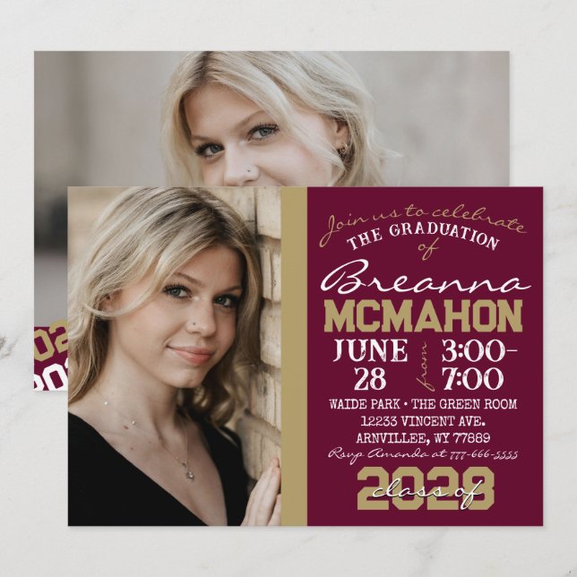 Burgundy & Bronze Graduation 2 Photo Invitation (Front/Back)