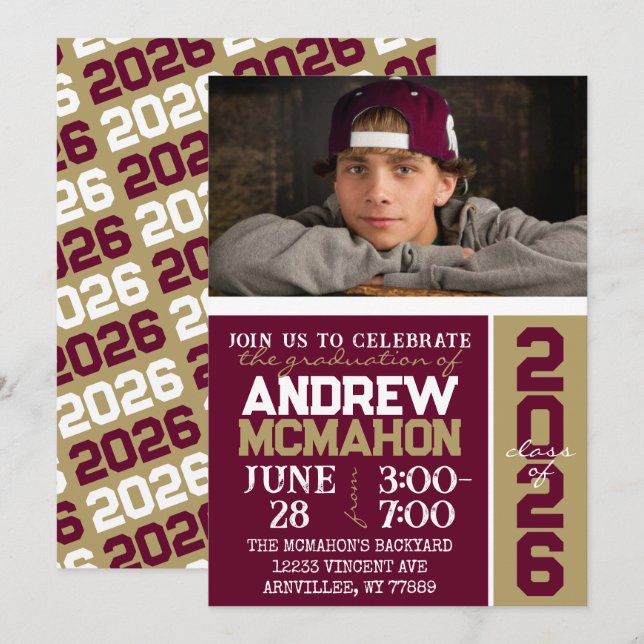 Burgundy & Bronze Graduation Photo Invitation (Front/Back)