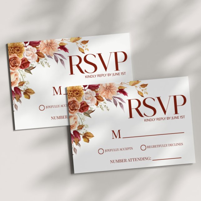 Burgundy Brown Fall Autumn Elegant Wedding RSVP Card (Creator Uploaded)