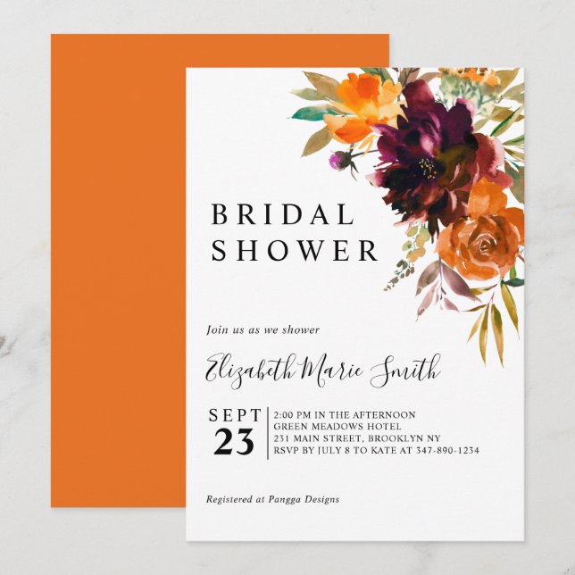 Burgundy Brown Floral Fall Autumn Bridal Shower Invitation (Front/Back)