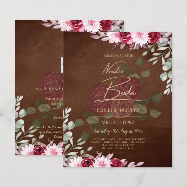 Burgundy Brown Floral Winter Fall Wedding Invite (Front/Back)