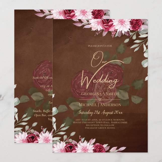 Burgundy Brown Floral Winter Fall Wedding Invite (Front/Back)