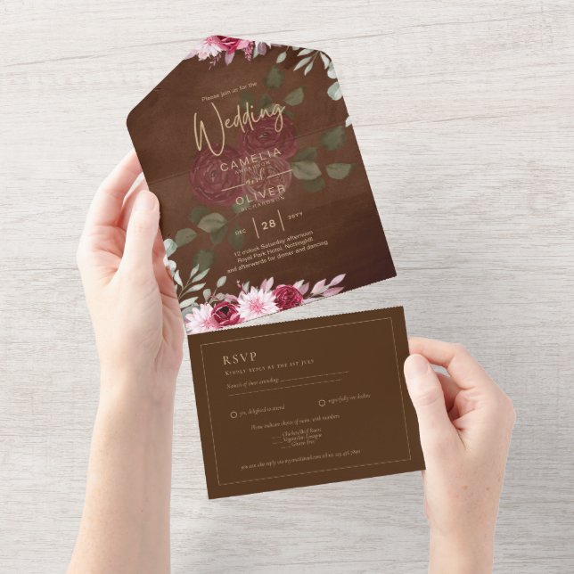 Burgundy Brown Floral Winter Fall Wedding Invite (Tearaway)