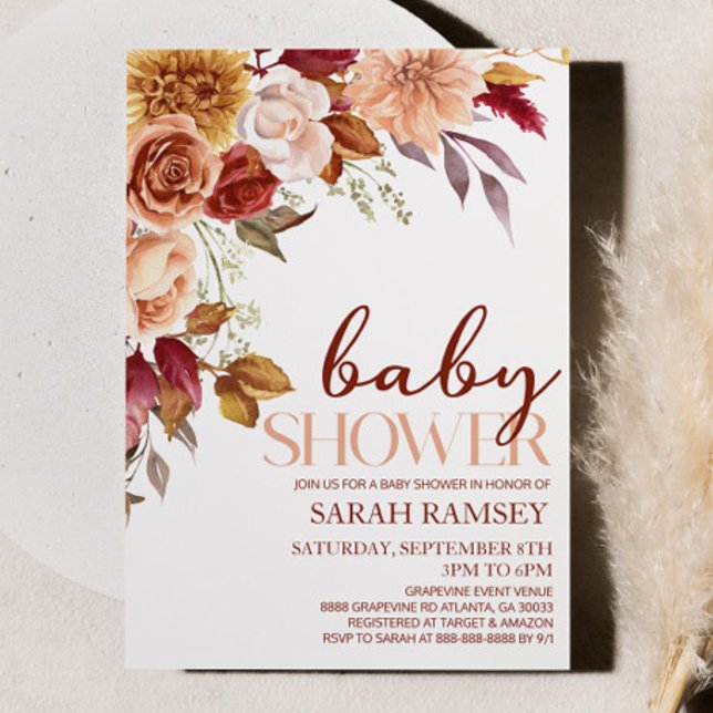 Burgundy Brown Flowers Floral Flowers Baby Shower Invitation (Creator Uploaded)