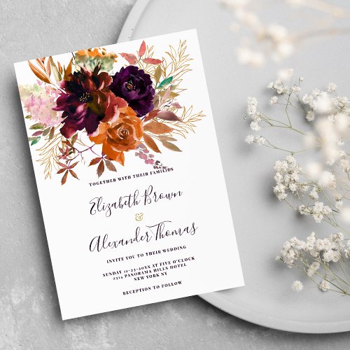 Burgundy brown gold pink floral Autumn wedding Invitation