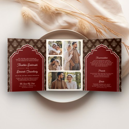 Burgundy Brown Ikat Photo Collage Indian Wedding Tri_Fold Invitation