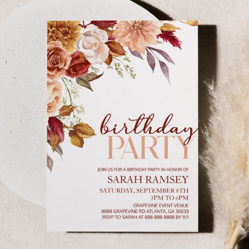 Burgundy Brown Orange Floral Flower Birthday Party Invitation