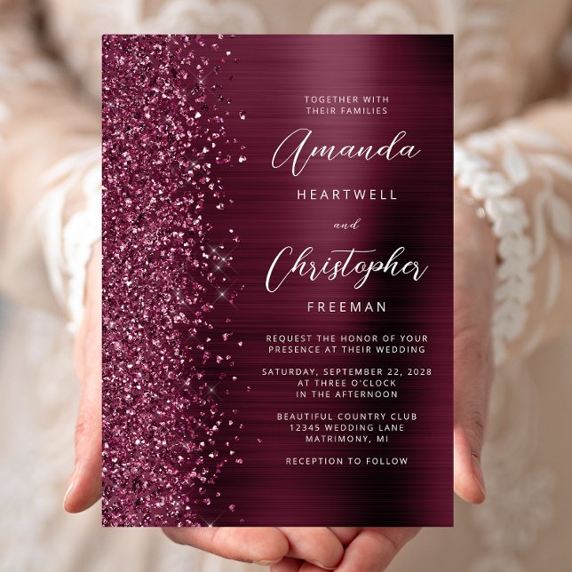 Burgundy Brushed Metal Glitter Script Wedding Invitation (Creator Uploaded)