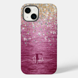 Burgundy Brushed Metal Gold Faux Glitter Monogram  Case-Mate iPhone 14 Case