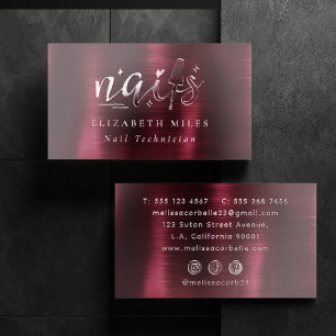Burgundy Brushed Metal Nail Salon/Technician Raised Spot UV Business Card