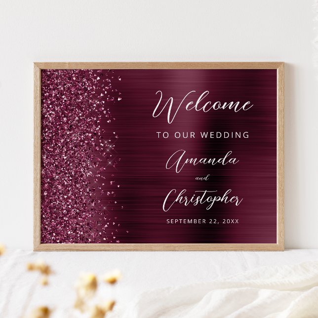 Burgundy Brushed Metal Script Wedding Welcome Poster (Creator Uploaded)