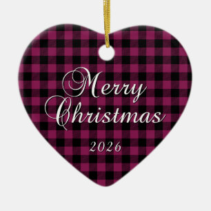 Burgundy Buffalo Plaid Merry Christmas Photo Ceramic Ornament