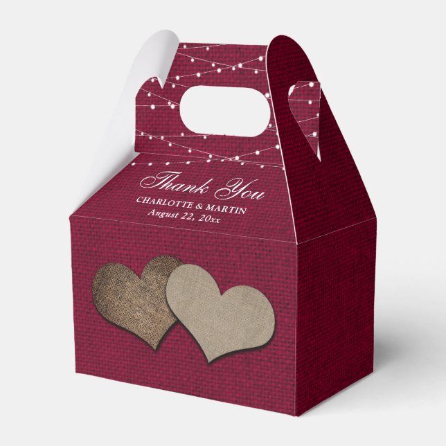 Burgundy Burlap Heart Wedding Thank You Favor Boxes (Front Side)