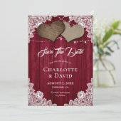Burgundy Burlap Lace Wedding Save The Date Card (Standing Front)