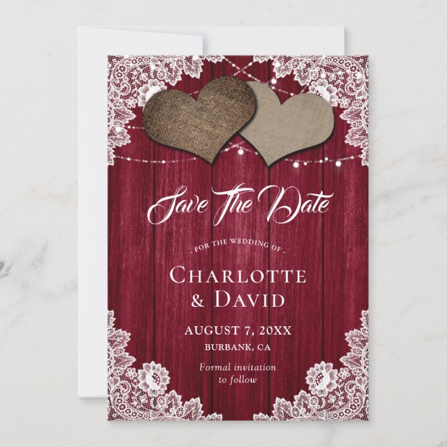 Burgundy Burlap Lace Wedding Save The Date Card (Front)