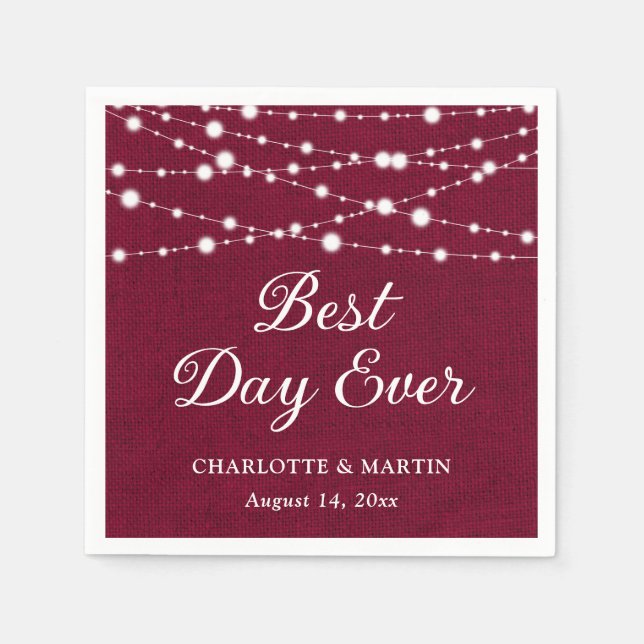 Burgundy Burlap String Lights Rustic Wedding Napkins (Front)