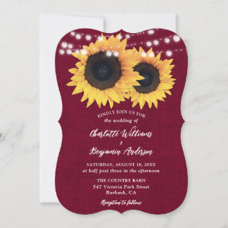 Burgundy Burlap String Lights Sunflower Wedding Invitation