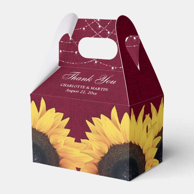 Burgundy Burlap Sunflower Wedding Thank You Favor Boxes (Front Side)