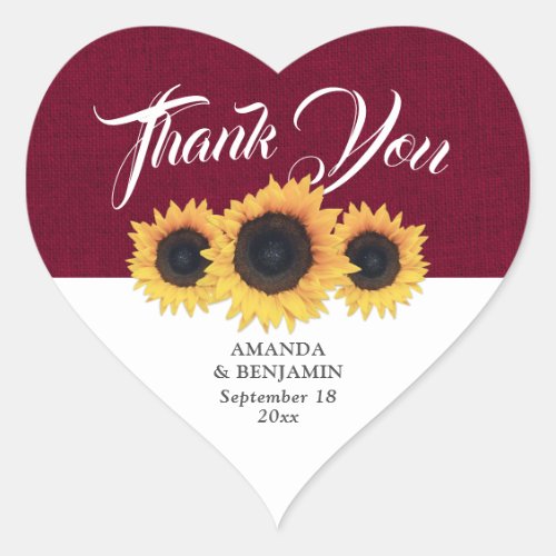 Burgundy Burlap Sunflower Wedding Thank You Heart Sticker