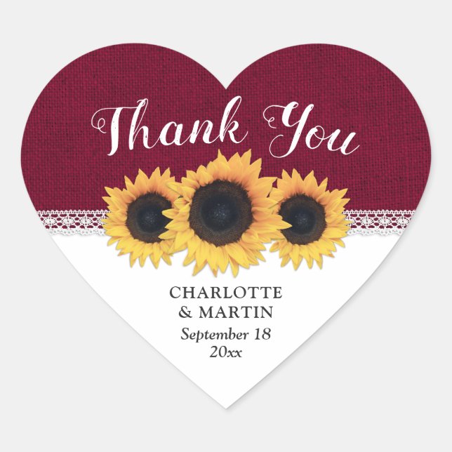 Burgundy Burlap Sunflower Wedding Thank You Heart Sticker (Front)