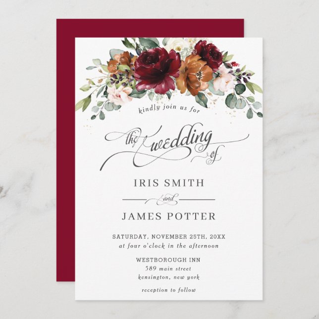 Burgundy Burnt Orange Blush Ivory Floral Wedding Invitation (Front/Back)