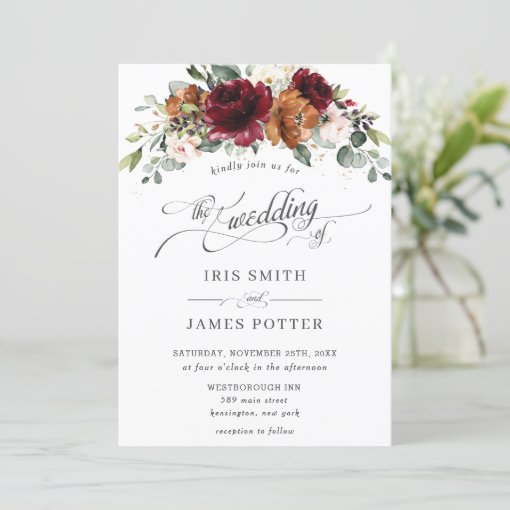 Burgundy Burnt Orange Blush Ivory Floral Wedding Invitation | Zazzle