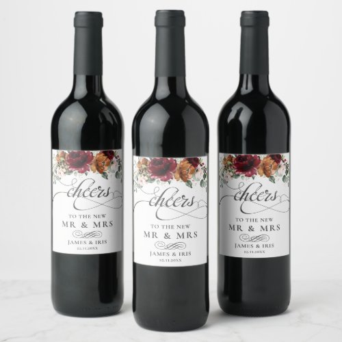 Burgundy Burnt Orange Blush Ivory Floral Wedding W Wine Label