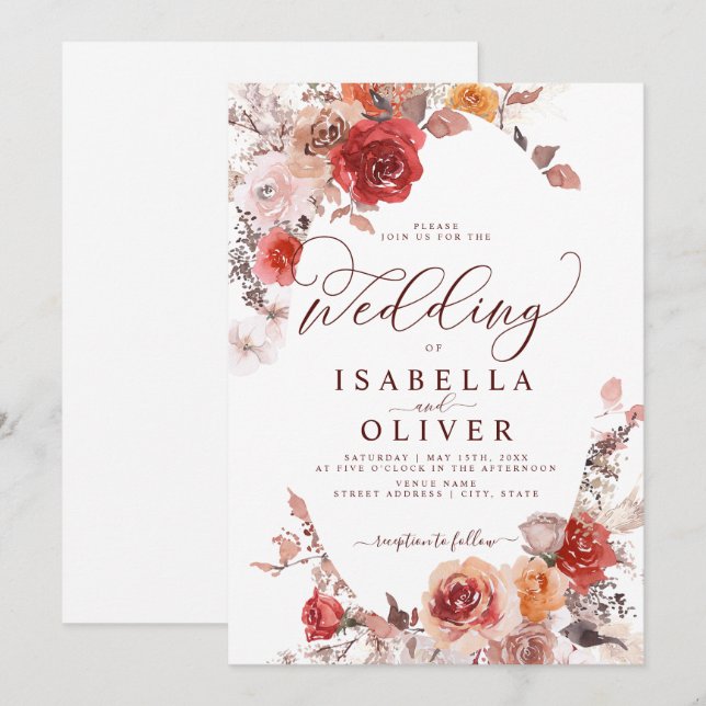 Burgundy Burnt Orange BohoTerracotta Wedding Invit Invitation (Front/Back)