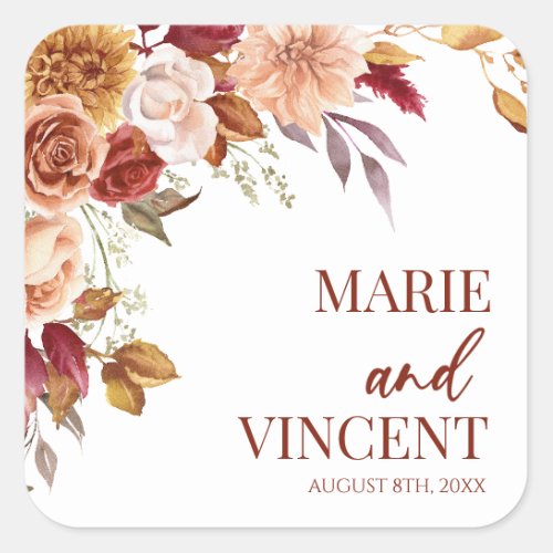 Burgundy Burnt Orange Brown Floral Flower Wedding Square Sticker