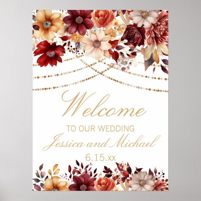 Burgundy Burnt Orange Cream Floral Wedding Welcome Poster (Front)