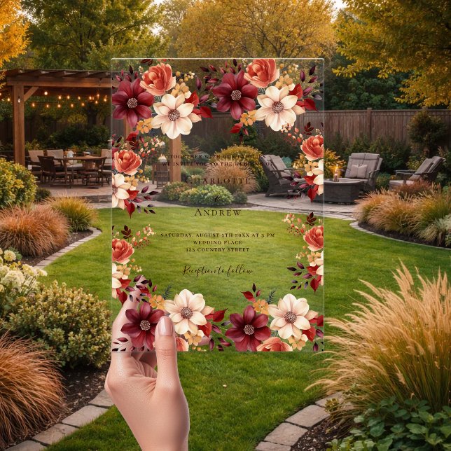 Burgundy burnt orange fall floral clear wedding acrylic invitations (Creator Uploaded)