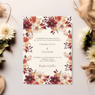 Burgundy burnt orange fall floral luxury wedding invitation