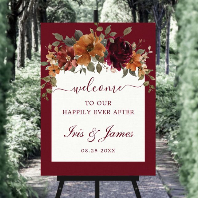 Burgundy Burnt Orange Floral Arch Wedding Welcome Foam Board (Creator Uploaded)