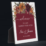 Burgundy Burnt Orange Floral Arch Wedding Welcome Plaque<br><div class="desc">Personalize this elegant Burgundy Burnt Orange Floral wedding welcome plaque sign with your own wording easily and quickly. Simply click the Edit Using Design Tools button to further edit the text, wording, font style, font size, font color, add more or remove some text. Matching items available in store! (c) The...</div>