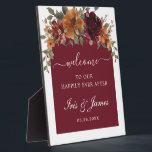 Burgundy Burnt Orange Floral Arch Wedding Welcome Plaque<br><div class="desc">Personalize this elegant Burgundy Burnt Orange Floral wedding welcome plaque sign with your own wording easily and quickly. Simply click the Edit Using Design Tools button to further edit the text, wording, font style, font size, font color, add more or remove some text. Matching items available in store! (c) The...</div>