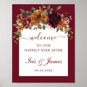 Burgundy Burnt Orange Floral Arch Wedding Welcome Poster