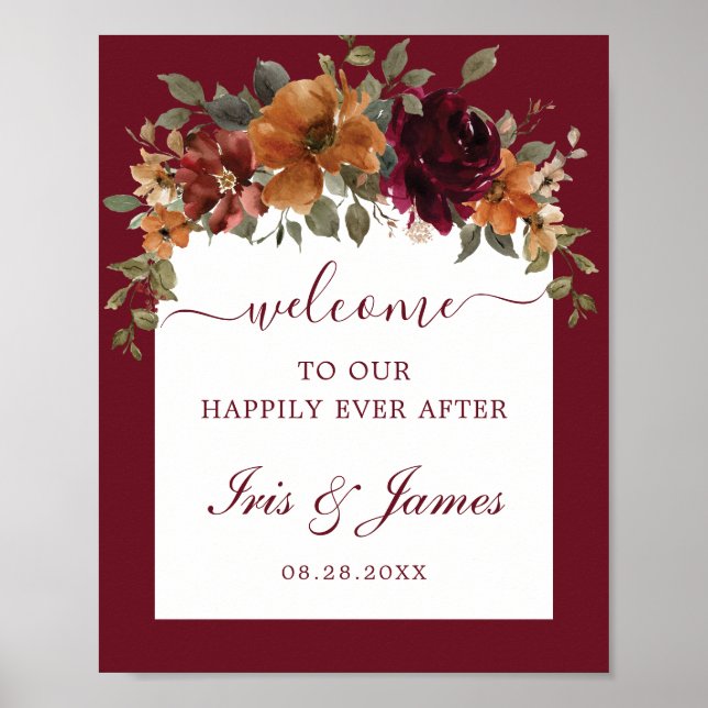 Burgundy Burnt Orange Floral Arch Wedding Welcome Poster (Front)