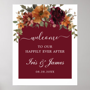 Burgundy Burnt Orange Floral Arch Wedding Welcome Poster
