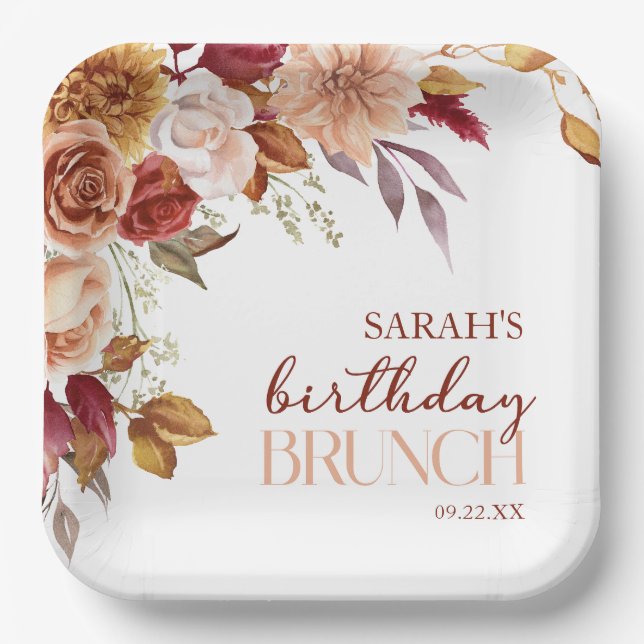 Burgundy Burnt Orange Floral Birthday Brunch Paper Plates (Front)