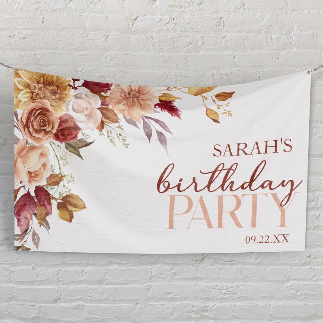 Burgundy Burnt Orange Floral Birthday Party Banner (Creator Uploaded)