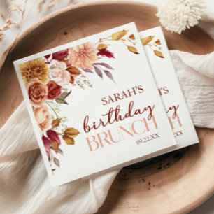 Burgundy Burnt Orange Floral Birthday Party Brunch Napkins