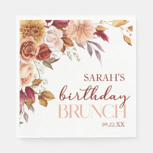 Burgundy Burnt Orange Floral Birthday Party Brunch Napkins