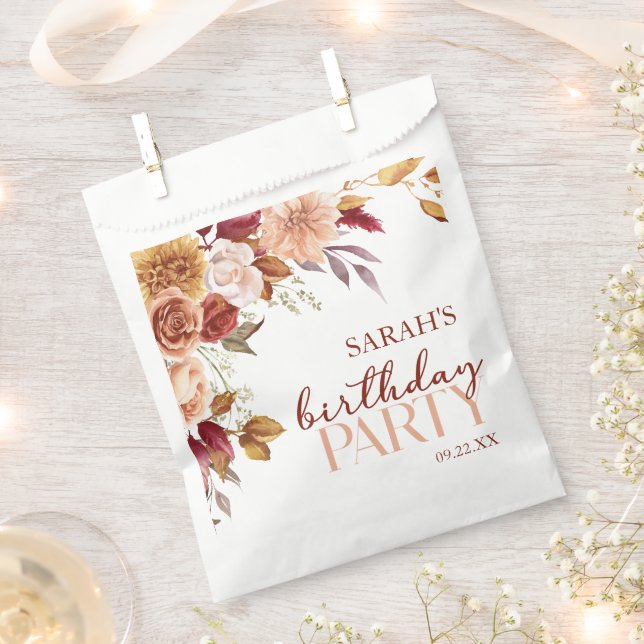 Burgundy Burnt Orange Floral Birthday Party Favor Bag (Clipped)