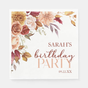 Burgundy Burnt Orange Floral Birthday Party Napkins