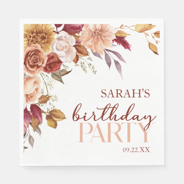 Burgundy Burnt Orange Floral Birthday Party Napkins (Front)