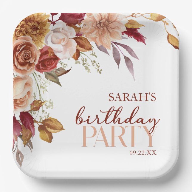 Burgundy Burnt Orange Floral Birthday Party Paper Plates (Front)