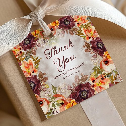 Burgundy Burnt Orange Floral Birthday Thank You   Favor Tags