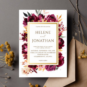Burgundy Burnt Orange Floral Elegant Wedding Invitation
